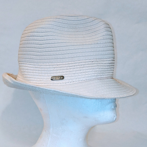 *CALVIN KLEIN RN54163 Logoed Cream Beige Paper Blend Retro Boho Fedora Beach Hat - Picture 2 of 3